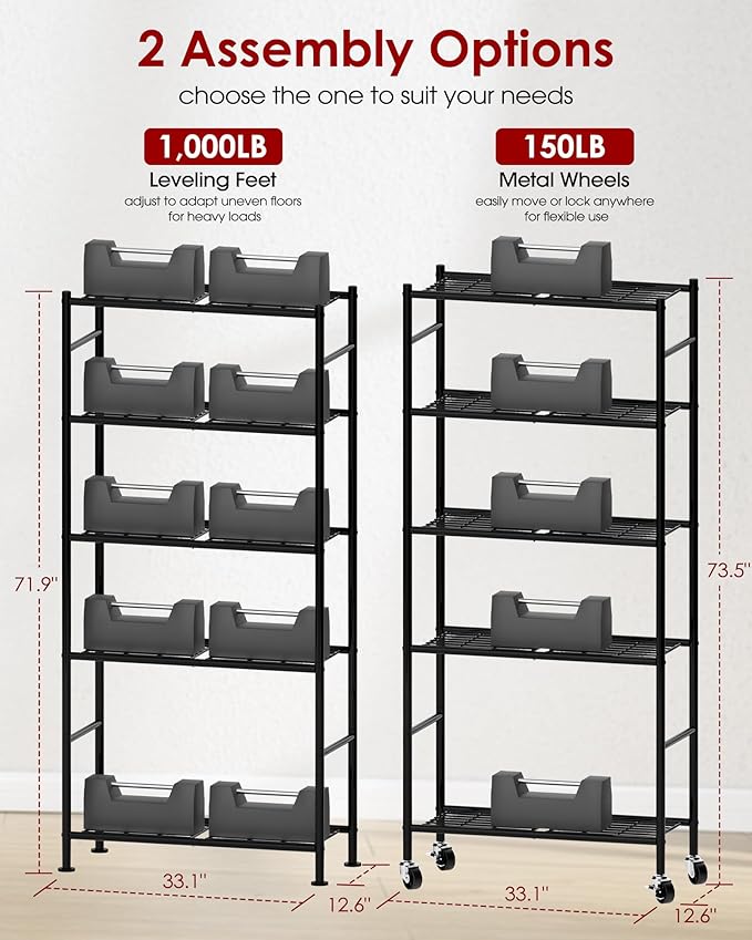 Storage Shelves Organizer - 5 Tier Metal Shelf Organizer with Metal Wheels and Adjustable Leveling Feet, Heavy Duty Garage Shelving for Kitchen, Pantry and Closet, 33.1"x12.6"x73.5", Black