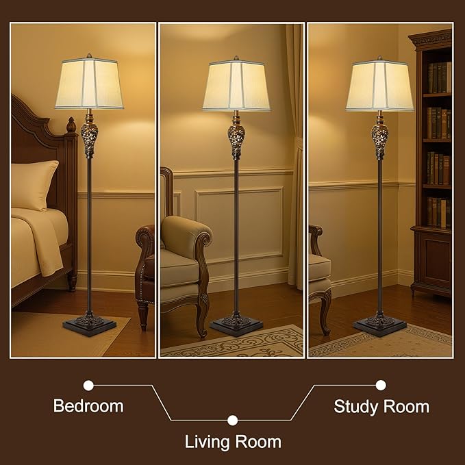 Vintage Floor Lamp with Night Light, 65" Retro Standing Lamp with Brown Finish and Beige Faux Silk Shade, Farmhouse Industrial Design Tall Lamp for Living Room Bedroom Bedside Corner (Bulb Included)