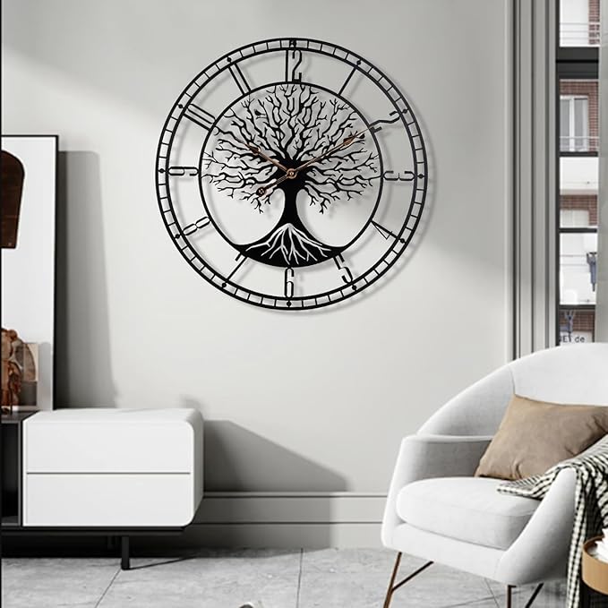 Tree of Life Wall Clock, 24Inch Metal Black Family Tree Oversized Wall Clocks for Living Room Bedroom Home Decor, Modern Silent Mid-Century Battery Operated