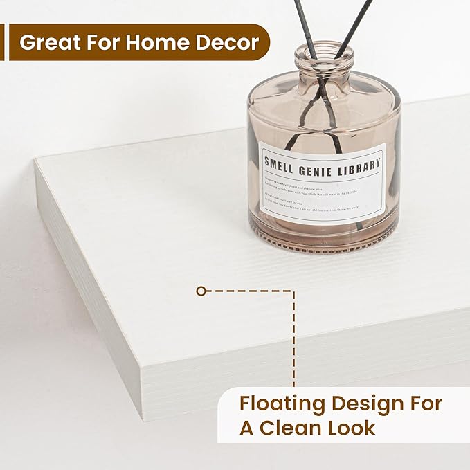 Fun Memories 36 Inch Floating Shelves, 9.3 Inch Deep Rustic Wall Shelves - Extra Deeper Wall Mounted Storage Shelves for Bathroom, Kitchen, Living Room (White, Set of 2)