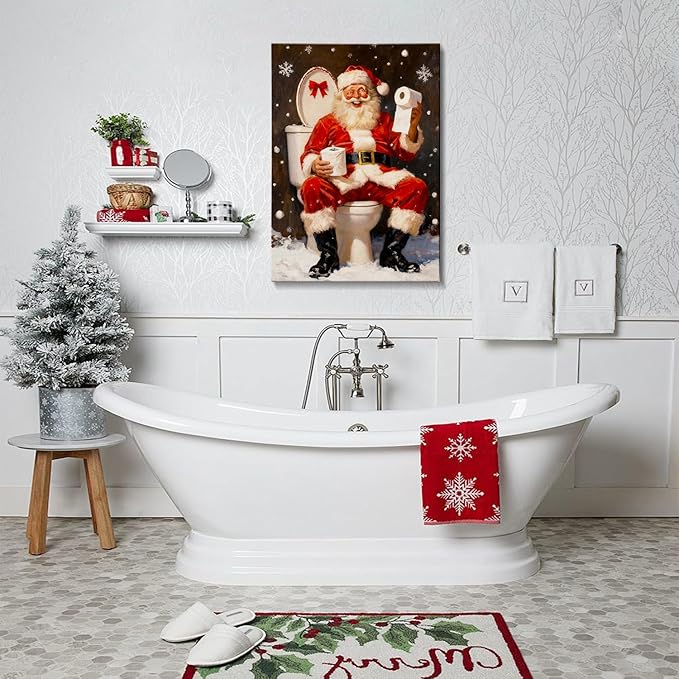 Vintage Humorous Santa Christmas Wall Art - Comical Canvas Print for Bathroom Decor, Ready to Hang Framed Picture, Perfect Funny Christmas Gifts & Quirky Holiday Decorations