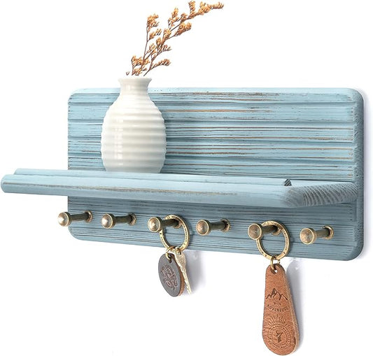 Rebee Vision Pine Wood Key Holder Wall Mount for Room Accessories – Decorative Key Holder for Wall with 6 Hooks & Floating Shelf – Rustic Wall Organizer for Home Decor Aesthetic (Blue)