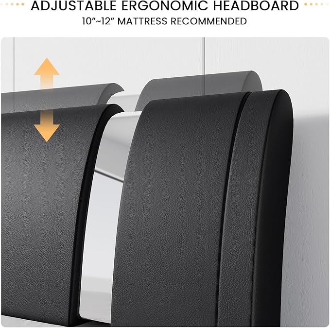 SHA CERLIN King Size Bed Frame with Iron Pieces Decor and Adjustable Headboard/Deluxe Upholstered Modern Platform Bed with Solid Wooden Slats Support/No Box Spring Needed, Black