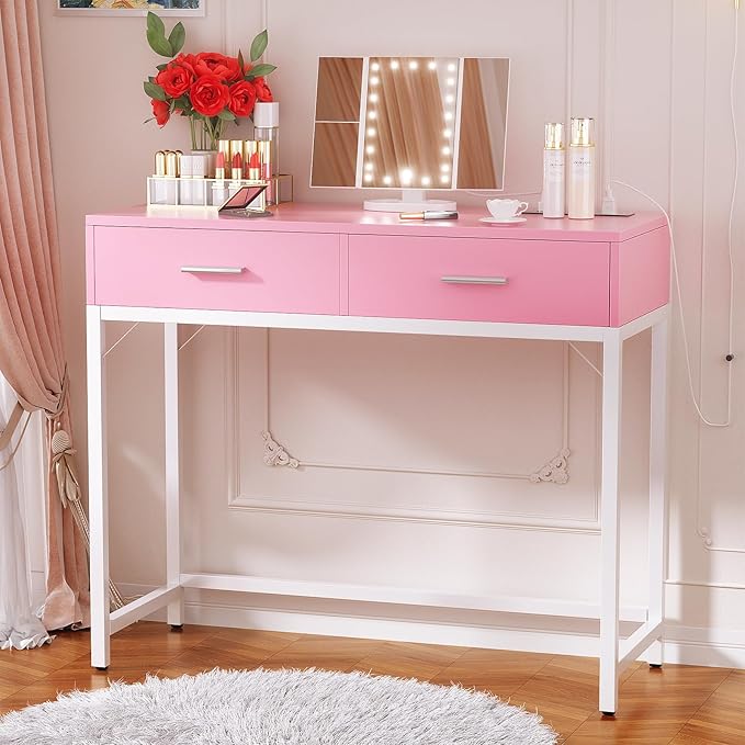 Cyclysio Vanity Desk with Mirror and Lights, 36'' Makeup Vanity Desk with Power Outlet, Small Vanities Set Dressing Table with Drawers for Bedroom, Pink