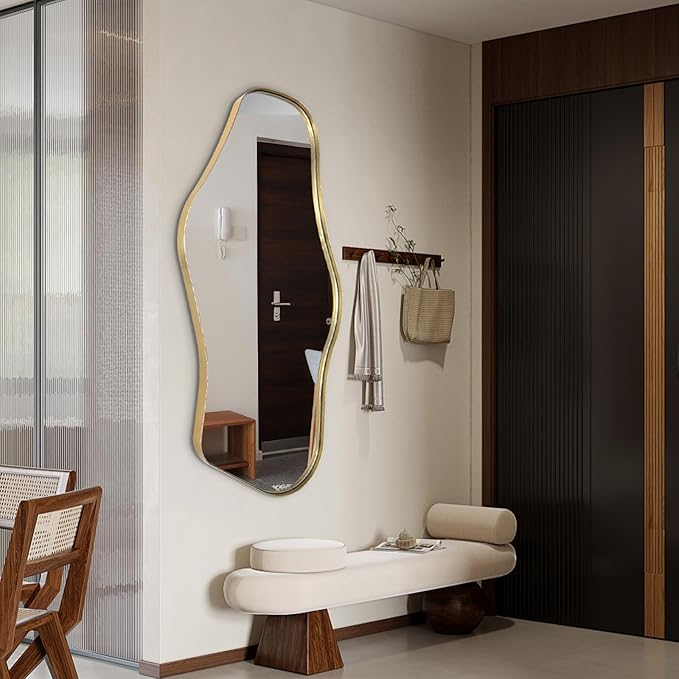 Irregular Wall Mirror, 47"x25" Large Asymmetrical Mirrors with Gold Metal Frame, Cloud Shaped Mirror, Modern Abstract Mirrors for Living Room Bathroom Bedroom Hallway Entryway Fireplace