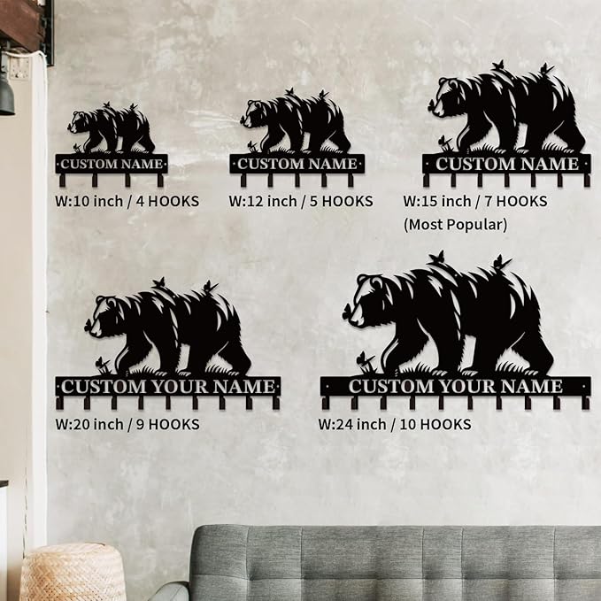 Personalized Custom Name Bear Key Wall Hooks,Metal Bear Keys Clothes Hooks,Metal Bear Wall Home Storage Decorative,For Front Door, Hallway, Kitchen, Bedroom,Keys,Hats (Style G)