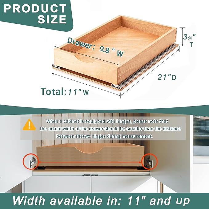 Pull Out Drawers for Kitchen Cabinets, Pull Out Cabinet Organizer, Fully Assembled Wood Cabinet Pull Out Drawer, Fast and Easy DIY Installation, 11”W x 21”D