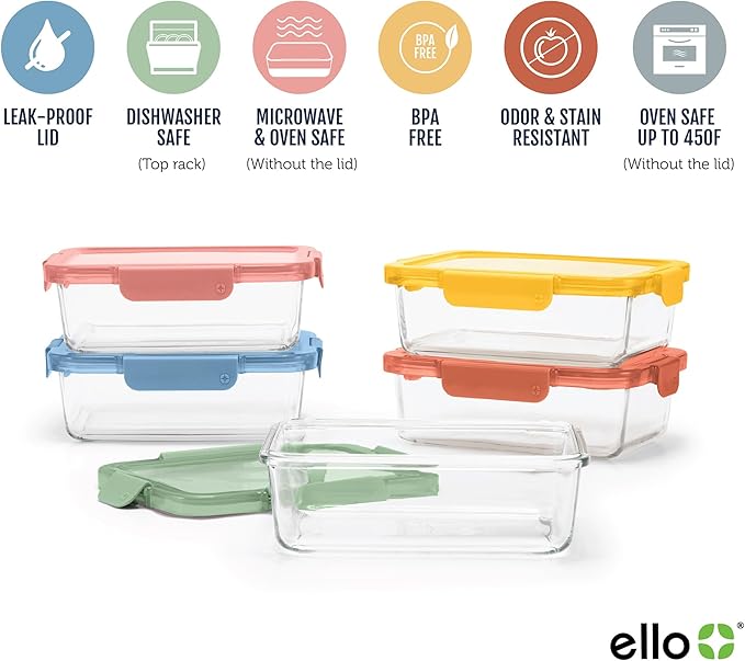 Ello Color Lock 5 Cup 10PC, 5 Pack Glass Meal Prep Sets Leak-Proof Glass Food Storage Containers with Airtight BPA-Free Plastic Lids, Dishwasher, Microwave, and Freezer Safe, Desert Festival