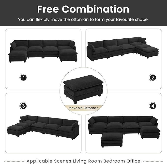 ROWHY Oversized Modular Sectional Couch with 2 Movable Ottoman, 148" Modern Convertible U Shaped Sofa Set, 4 Seat Comfy Cloud Couch with 2 Throw Pillows, for Living Room, Chenille, Black