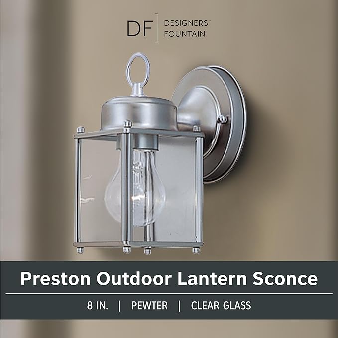 DESIGNERS FOUNTAIN Preston Outdoor Light Fixture, 8 Inch Exterior Wall Lantern Sconce for Front Door, Patio and Porch, Pewter, 1161-PW