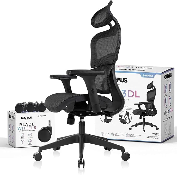 Nouhaus Ergo3dL Home Office Desk Chairs Ergonomic Office Chair High-Back Mesh Rolling Work Chairs with Wheels and Adjustable Headrests Comfortable Lumbar Support Adjustable Armrests