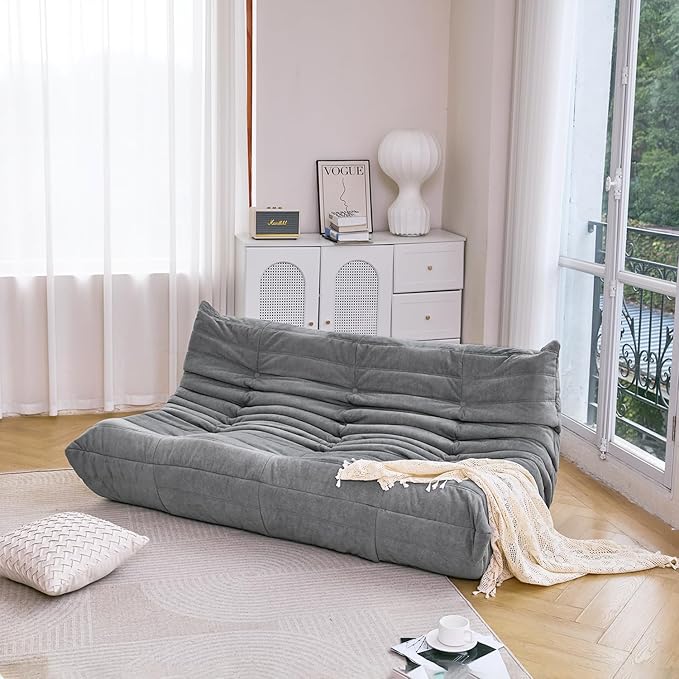 N&V Fireside Chair, Mid Century Armless Floor Sofa, Soft Premium Microfiber Floor Lounge Chair, Foam Sofa Accent Chair for Living Room Bedroom and Office (Grey, Three Seater)