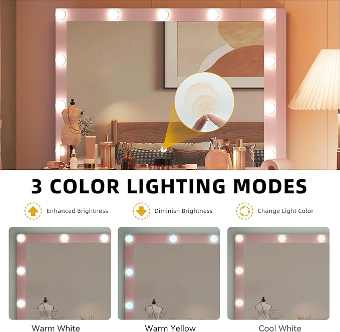 DWVO Vanity Desk with Large Mirror and Lights, Makeup Vanity Set with 11 LED Bulbs and Power Outlet, 4 Storage Drawer, Dressing Table with 3-Color Adjustable Lighting, Vanity Stool, Pale Pink