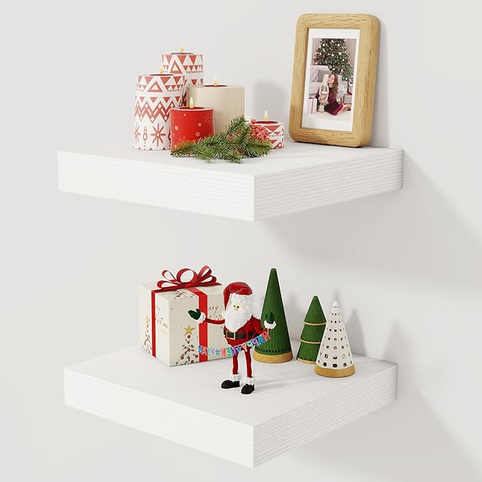 Fun Memories 12 Inch Floating Shelf, Rustic Wood Wall Shelves for Wall Decor & Storage, 12 x 12 Floating Shelf for Living Room, Bathroom, Bedroom, White, Set of 2