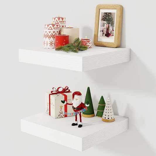 Fun Memories 12 Inch Floating Shelf, Rustic Wood Wall Shelves for Wall Decor & Storage, 12 x 12 Floating Shelf for Living Room, Bathroom, Bedroom, White, Set of 2