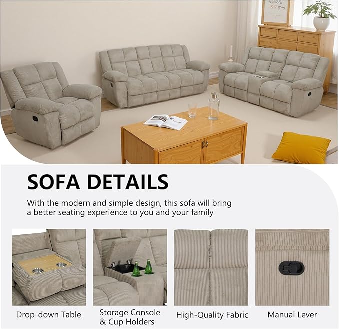 Manual Recliner Sofa Set,Corduroy Reclining Couch Set,Modern Living Room Furniture Set,Reclining Sofa Couch Chair for Living Room Home Office(Beige,3 Pieces Set)