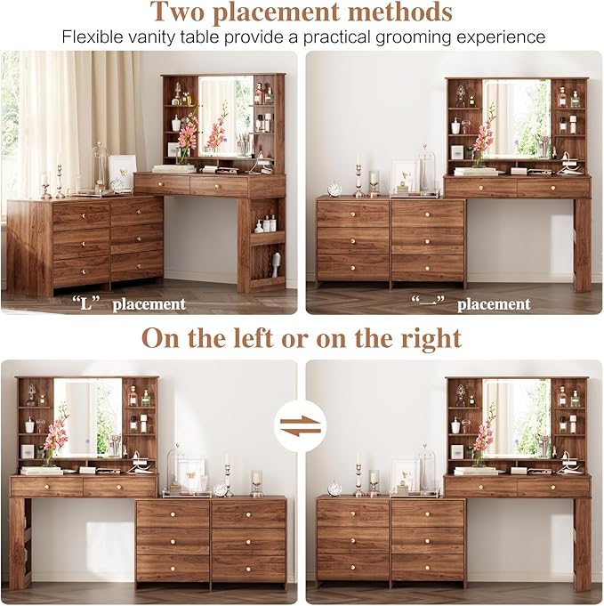 Makeup Vanity Desk with Mirror and Lights, Vanity Desk with 8 Drawers & Storage Shelves, Vanity Table with Power Outlet, 3 Color Modes & Adjustable Brightness Dressing Table, Bedroom,Brown