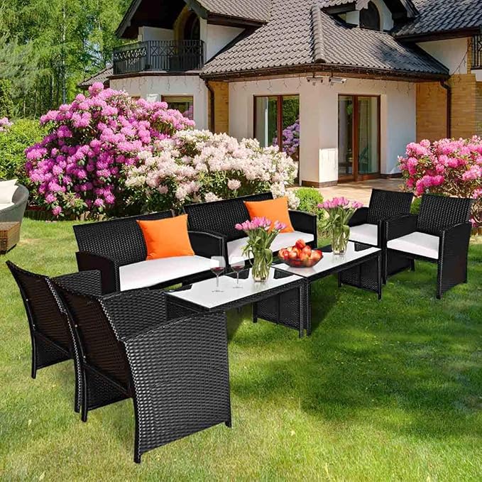 Tangkula Patio Wicker Conversation Furniture Set, Patiojoy Sofa & Table Set w/4 Seats, Outdoor Rattan Sofa Set for Balcony Backyard, Wicker Chair Set with Tempered Glass Coffee Table (2, White)