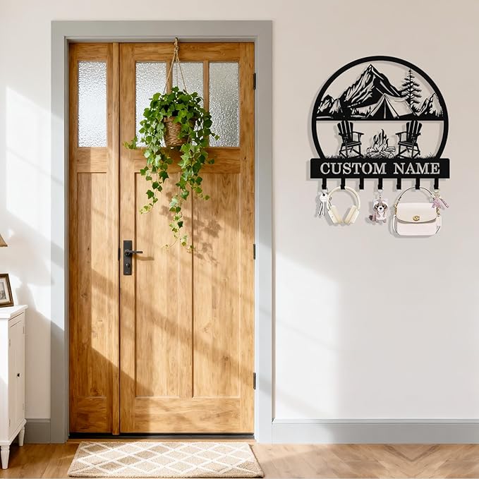 Personalized Camping Key Holder Wall Mount, Custom Metal Key Holder for Wall with Name, Custom Keys Rack Hanger with Hooks for Entryway, Front Door, Hallway, Living Room, Kitchen