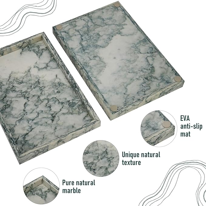 Marble Bathroom Tray,Pure Natural Vanity Tray,Marble Tray for Kitchen Counter Non-Ceramic/Non-Resin,Stone Trays 12 x 8 inch Cyan Green