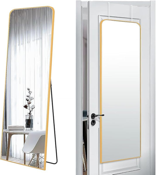 57x20 Door Hanging Full Length Mirror, Floor (Height 5.7ft just Body in 1.3ft) or Wall Mounted Metal Frame Rectangle Dressing Mirrors for Bedroom Bathroom Living Room 57 inch Gold