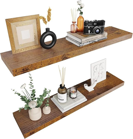 Colima Bathroom Floating Shelves for Wall, 36" Floating Wall Mounted Shelf, Rustic Wood Storage Display Shelves for Home Organization, Bathroom, Kitchen, Living Room (Set of 2, Rustic Brown)