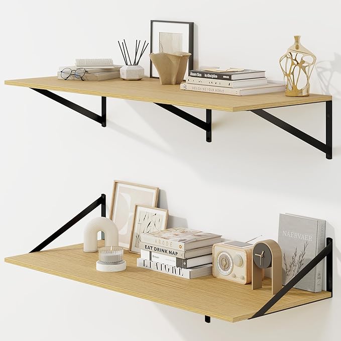 Fun Memories Floating Shelves for Wall, 12 Inch Deep Floating Shelves Set of 2, 36W x 12D Large Wall Shelf with Sturdy Metal Brackets for Living Room, Bathroom, Bedroom and Kitchen, Oak