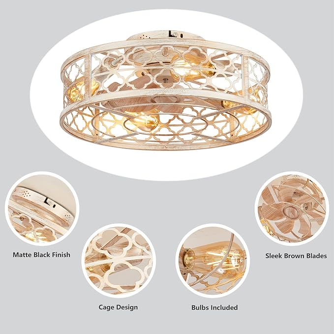 Farmhouse Ceiling Fans with Lights Remote Control,6 Speed Reversible Flush Mount Low Profile Rustic Antique White Ceiling Fan with Light,Boho Bladeless Country Caged Ceiling Light Fixture