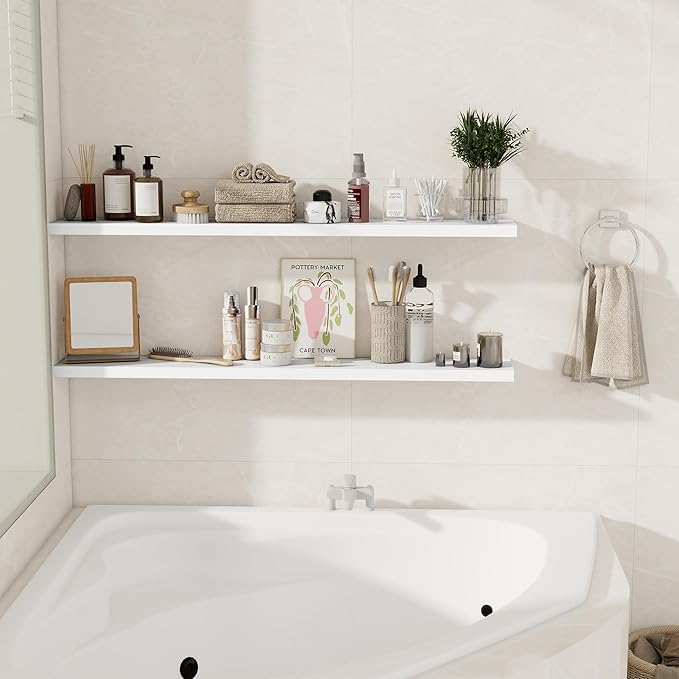 Fun Memories White Floating Shelves for Wall, 48 Inch Floating Shelves for Home Decor, Wall Mounted Rustic Wood Shelves, Bathroom, Hanging Deep Shelf for Bedroom, Living Room, Kitchen, 2 Packs