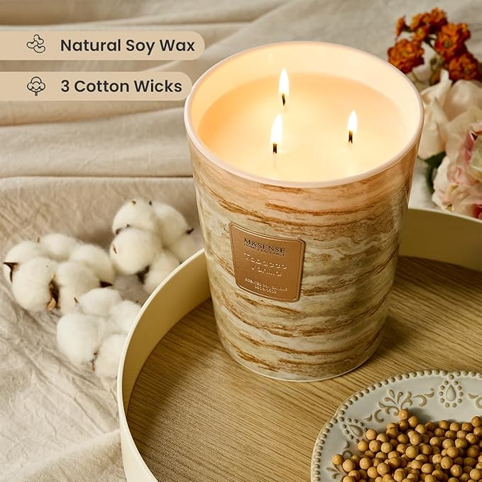 M&SENSE Extra Large Candle 35oz 150H TobaccoVanilla Scented Candle, 3 Wick Highly Scented Jar Candle, XL Candles Gift for Stress Relief, Meditation, Yoga
