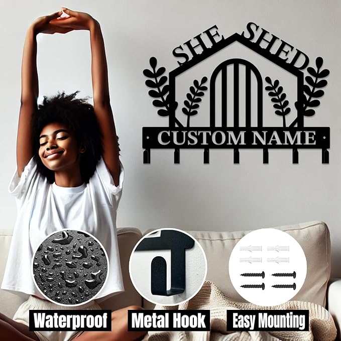 Personalized She Shed Keys Hooks,Custom Name Metal She Shed Art Keys Hooks,Metal She Shed Lover Wall Home Storage Decorative Keys Hooks,Key Holder Hooks for Wall (Style B)