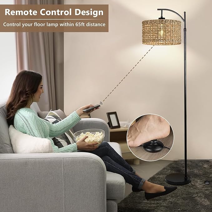 Arc Floor Lamp for Living Room with Remote Control,Farmhouse Boho Floor Lamps with 3 Color Temperature,Rustic Standing Lamp with Rattan Wicker Shades,Adjustable Tall Lamp for Bedroom,Office,Reading