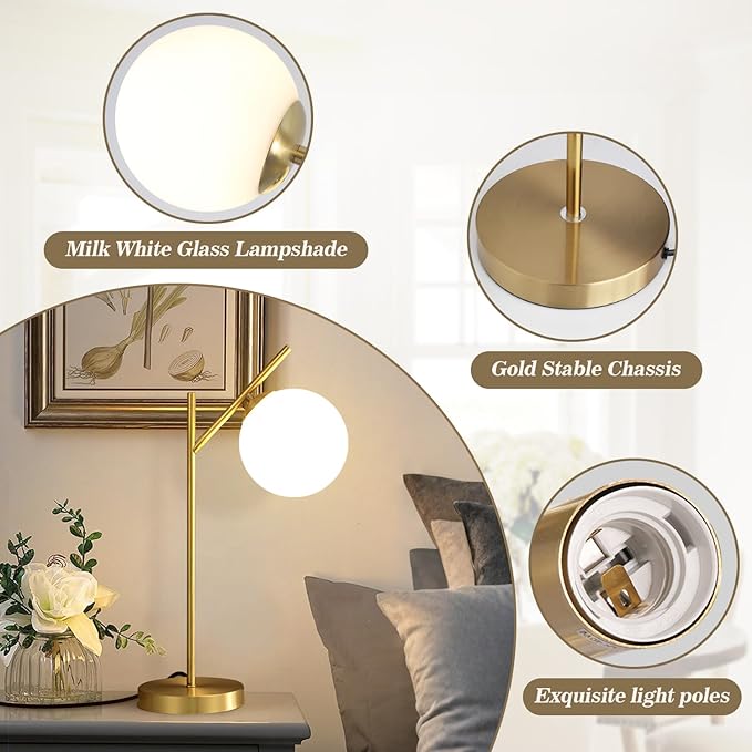 Mid Century Modern Table Lamp, 1 Light Brass Glass Globe Bedside Lamp, Contemporary Metal Table Lamp with Milky White Glass shadefor Bedroom Living Room Study Room