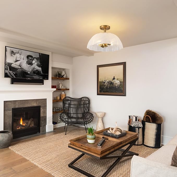 Mid-Century Modern Brushed Gold Semi Flush Mount Ceiling Light,2-Light Pumpkin Design Ceiling Light Fixture with Milky Cloudy Glass Shade,for Living Room,Dining Room,Bedroom,Entryway(15.98 inch)