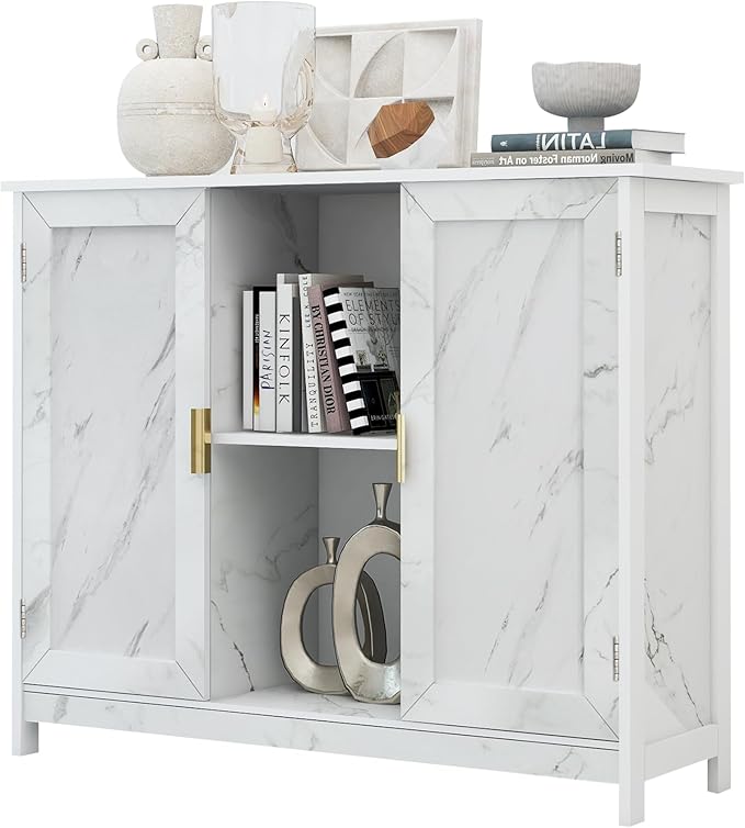 TaoHFE Marble Top Narrow Sideboard Cabinet,Modern White Marble Side Buffet Cabinet with Storage,Kitchen Island Narrow Sideboard for Kitchen for Living Room