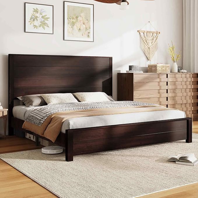 AMERLIFE King Size Bed Frame with 51.2" Spliced Headboard, Rustic Bedframe Wood Platform Bed/Wood Slats Support, No Box Spring Needed, Noiseless, Dark Brown