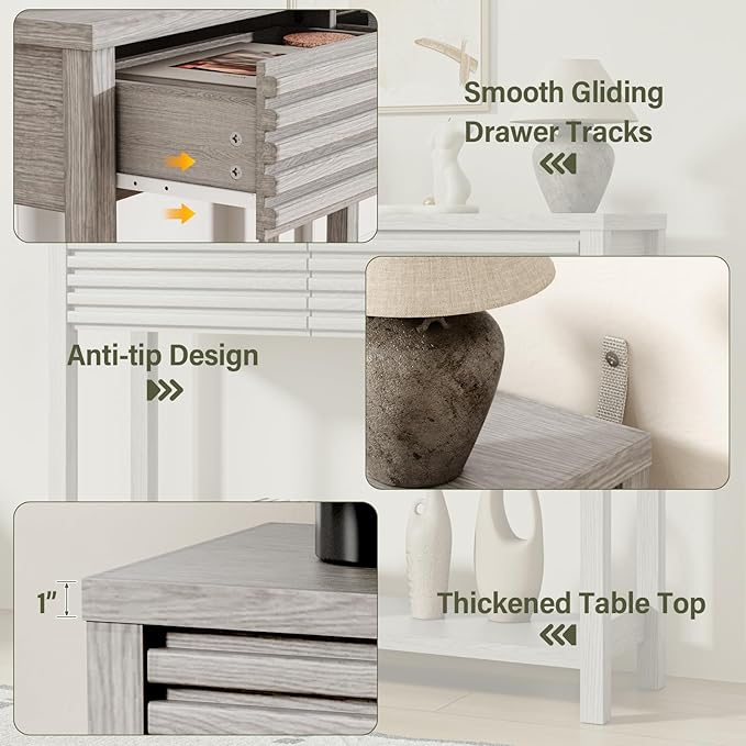 EAG 40" Fluted Console Table with 2 Drawers, Modern Wood 2 Tier Entryway Table with Storage Shelf, Narrow Sofa Tables Behind Couch for Entrance Foyer, Hallway, Living Room, Gray