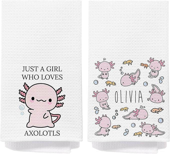 Axolotl Lover Gifts Bathroom Hand Towels, Kids Bathroom Decor, Cute Pink Axolotls Kitchen Towels, Animal Lover Gifts Dish Tea Towel, 16x24 Inch Set of 2