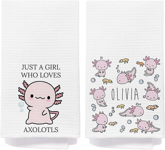 Axolotl Lover Gifts Bathroom Hand Towels, Kids Bathroom Decor, Cute Pink Axolotls Kitchen Towels, Animal Lover Gifts Dish Tea Towel, 16x24 Inch Set of 2