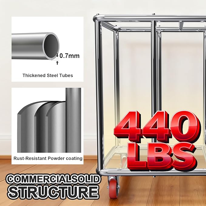 Commercial Laundry Cart with Wheels, 400L 2-Section Large Lanudry Hamper with Wheels, Heavy-Duty Rolling Laundry Cart with Silent Rubber & Waterproof Oxford Bags (Black Beige)