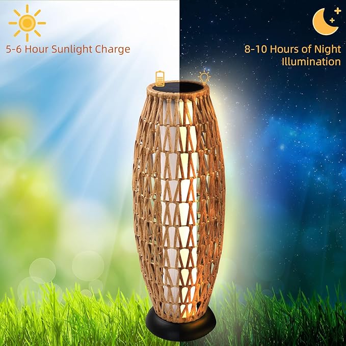 Solar Yard Outdoor Solar Lamp Woven Wicker Boho Lantern Floor Lamp, Decoration for Garden, Deck, Yard, Pathway, Oslo
