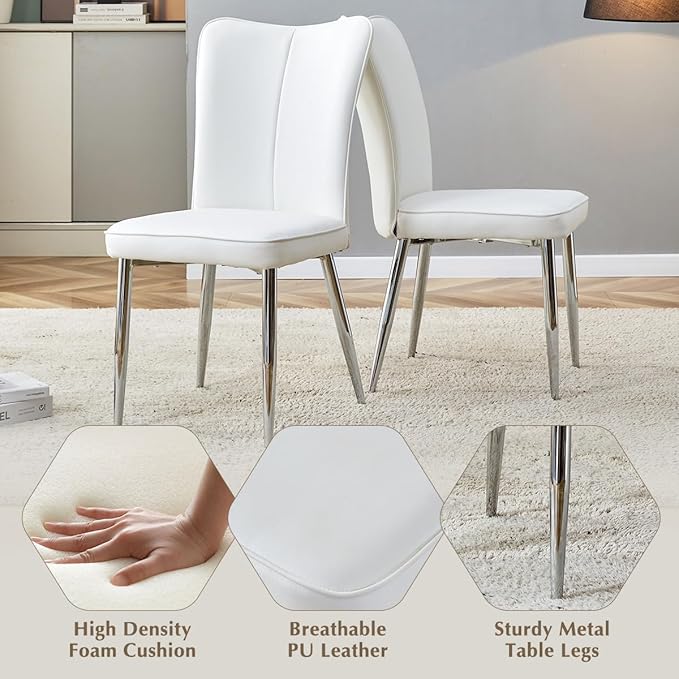 71'' Glass Dining Room Table Set for 6, Kitchen Table Set with 6 PU Leather Chairs, Tempered Glass Dining Table Set with Silver U-Shaped Table Legs and Rectangular Base