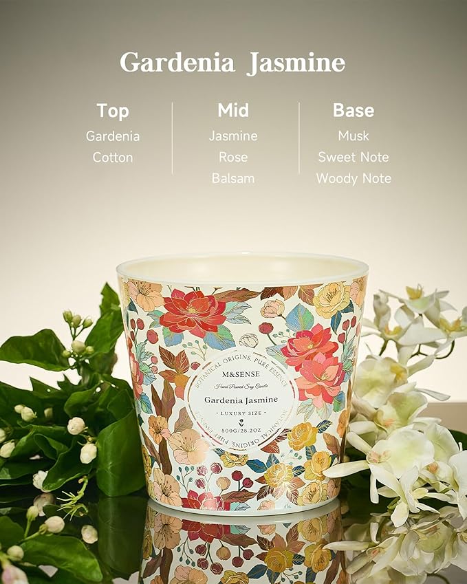 M&SENSE Gardenia Jasmine Scented Candle, 28.2oz 3 Wick Natural Soy Wax Large Candles, Long Lasting Clean Slow Clean Burning No Toxic Décor for Home Relaxation, Romantic Dates & Gift-Giving