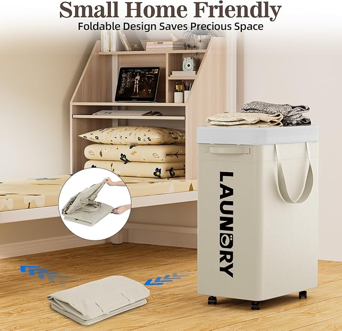 YECAYE 75L Rolling Laundry Hamper, Easy-to-Assemble Clothes Hamper with Wheels, Rolling Dirty Clothes Basket, Slim Basket for Bedroom, Bathroom, or Laundry Room, Beige