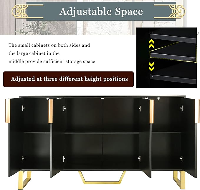 Modern 60'' Large Storage Cabinet Sideboard, Wooden Console Table Kitchen Buffet Cabinet with Metal Handles & Legs and Adjustable Shelves for Living Room Kitchen Entryway (Black-1)