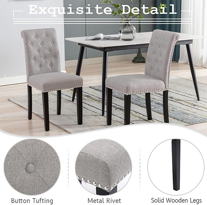 Westice Dining Room Chairs Set of 6 Upholstered Fabric Kitchen Chairs Dining Room Side Chair with Nailhead Trim and Rubber Wood Legs for Small Space Apartment, Light Gray