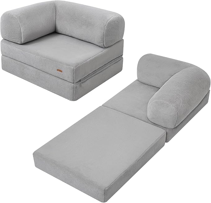 COMAX Folding Sofa Bed Single, Fold Out Chair Bed, Foldable Sofa Chair, Convertible Sleeper Futon for Adults, Floor Couch Mattress for Small Spaces Bedroom Living Room Guest Room, Faux Fur Grey