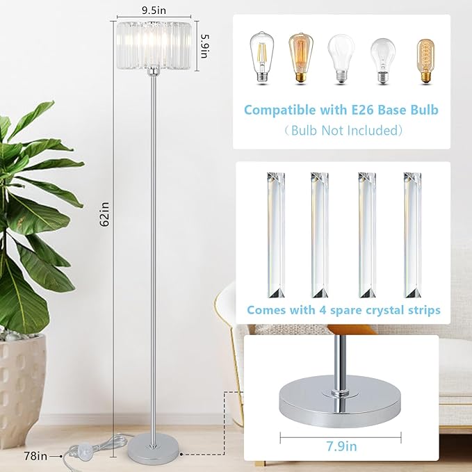 HMVPL Crystal Floor Lamp, Chrome Pole Floor Lamp with K9 Crystal Shade, Silver Standing Lamp with On/Off Switch, Modern Corner Tall Lamp for Living Room Bedroom Nursery Office Home Decor