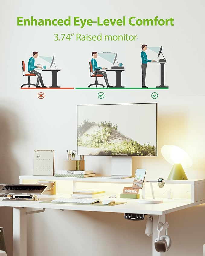 Electric Height Adjustable Standing Desk with Power Outlet and LED Light Strip, Sit to Stand, Ergonomic 48x24" Rising Desk with Memory Presets, Home Office Workstation, Computer Gaming Table, White