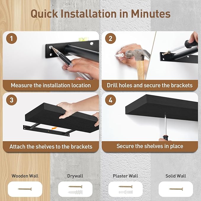 Floating Shelves for Wall, 1.5" Thick Wall Shelf Set of 3 with Invisible Brackets, 15.7L x 7.9W Hanging Book Shelves Farmhouse Home Decor for Bathroom, Living Room, Bedroom, Black 4301BJP3BK